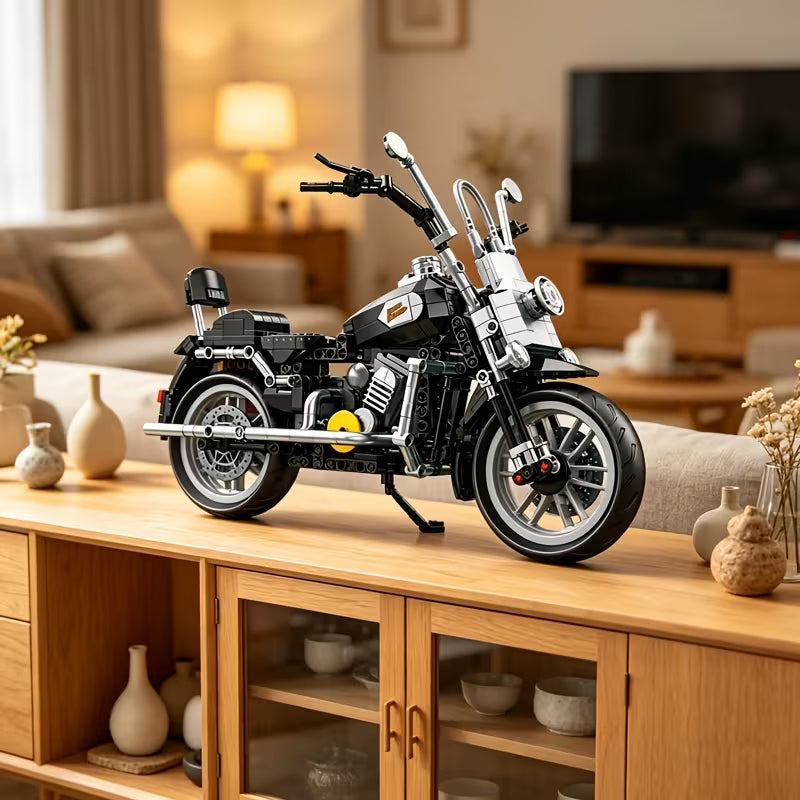 Retro Motorcycle Puzzle Blocks, Assembly Motorcycle Model Toy, Gray Black Color, Birthday Gift, with Display Base, Motorcycle Model