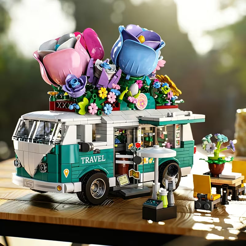 800+PCS Flower Tour Bus Building Blocks, DIY Model Set with Accessories New Year Christmas Birthday Gift And Up