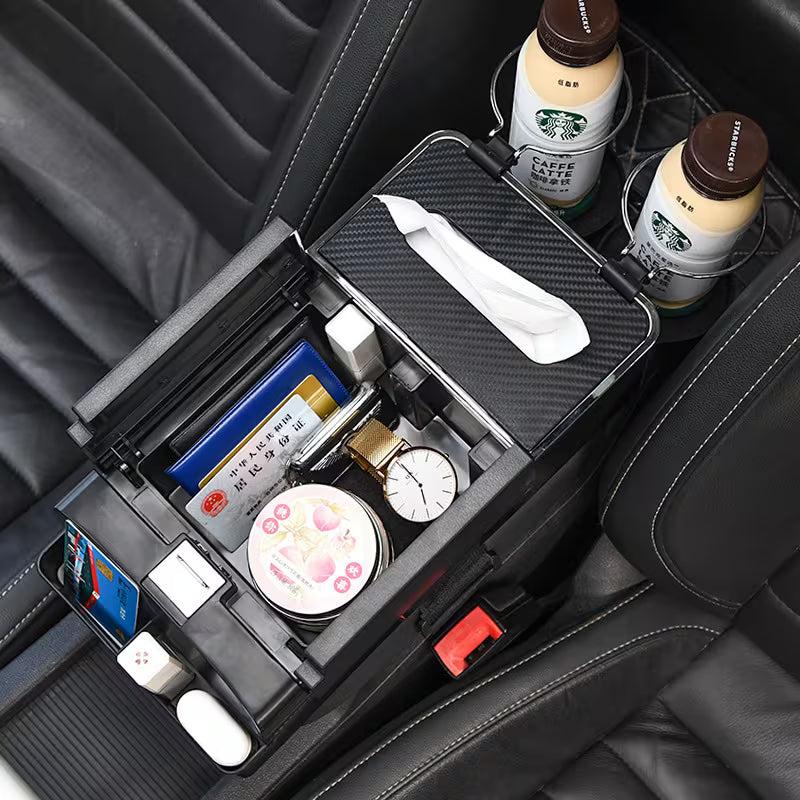 3pcs Car Storage Set: 1 Multifunctional Armrest Storage Box And 2pcs Car Hooks. The Organizer Features Storage Space, Cup Holder And Tissue Slot,
