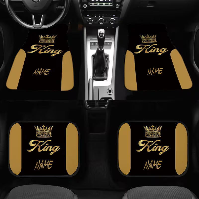 4pcs Customizable Name Car Floor Mats with Black and Golden King Crown Theme Design Print - The Perfect Gift for Men/Women - Easy-to-Clean Car Interior Accessory -
