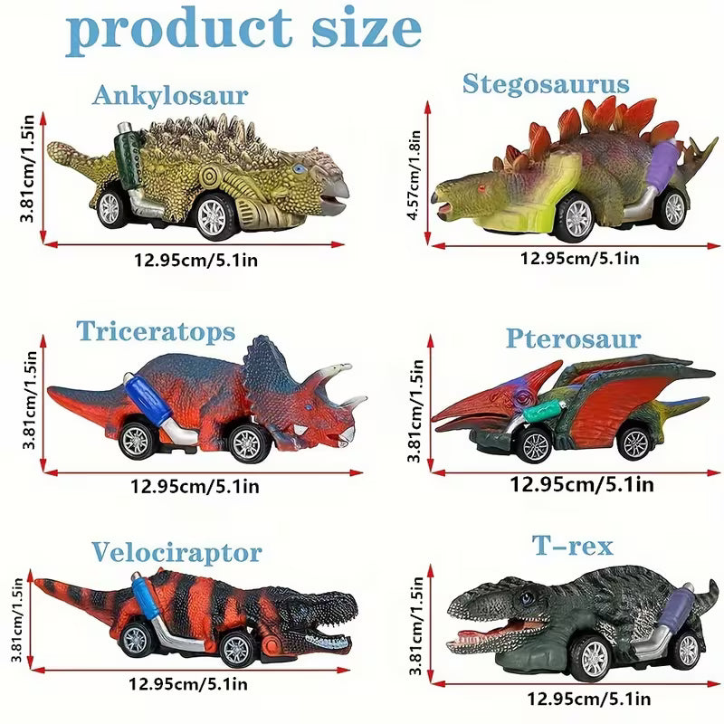 6-Pack Dinosaur Pull Back Toy Cars for Kids, Non-Battery Dinosaur Vehicles, Boys & Girls Ages 3+