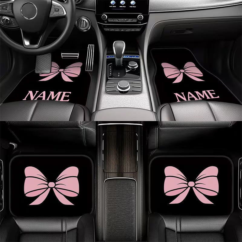 4pcs Customizable Name Car Floor Mats with Pink Butterfly Knot Theme Design Print - Perfect Gift for Men/Women -