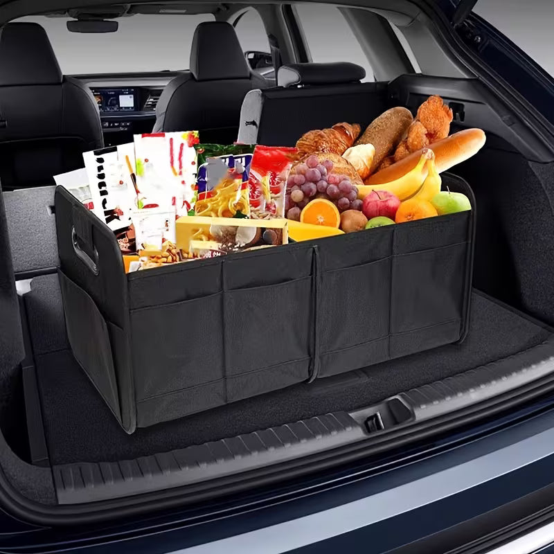 1pc Large Capacity Heavy Duty Oxford Trunk Organizer, Foldable Multi-Compartment Car Storage Box with Reinforced Handle