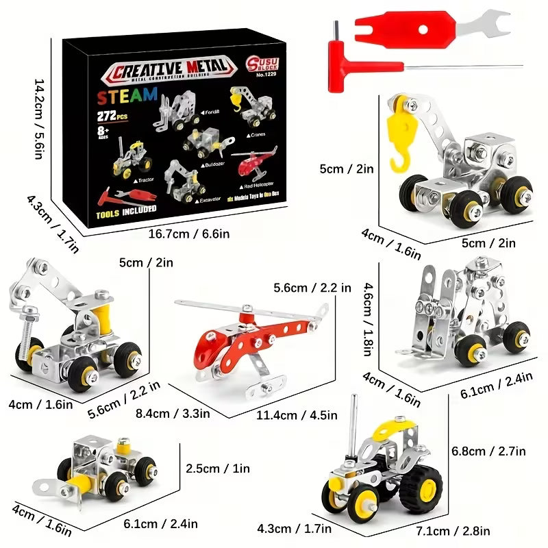 272pcs Metal Building Blocks, 6-in-1 Assembly DIY Engineering Educational STEAM Learning Toy for Ages 8+