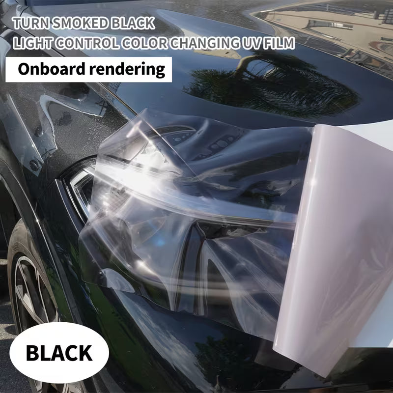UV-Responsive Photochromic Black TPU Car Headlight Tint Film - Scratch-Resistant Color-Changing (Purple/Black) Light Protective Cover to Improve Visibility for Street Sport Motorcycles