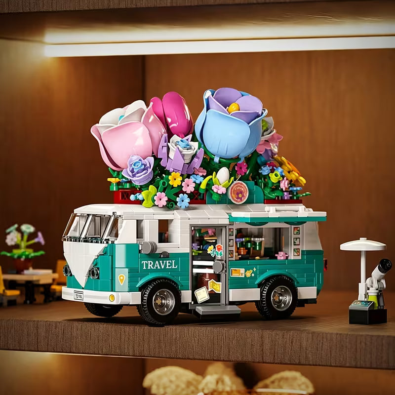 800+PCS Flower Tour Bus Building Blocks, DIY Model Set with Accessories New Year Christmas Birthday Gift And Up