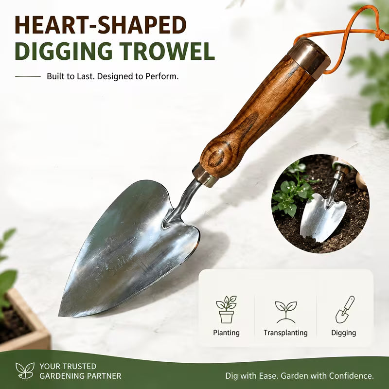Heavy-Duty Stainless Steel Garden Shovel with Heart-Shaped Blade, Ash Wood Handle, Planting & Transplanting Tool