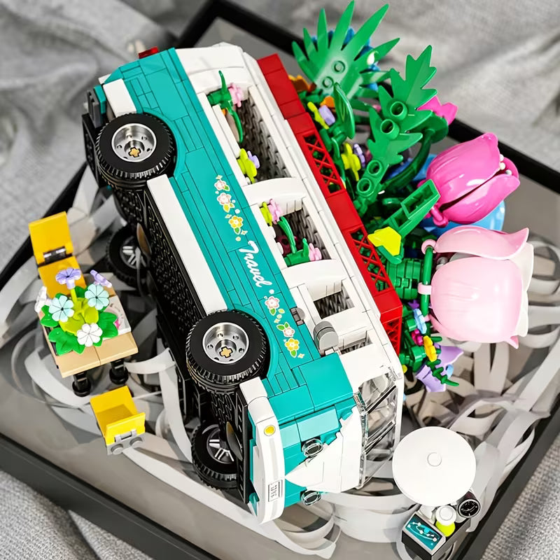 800+PCS Flower Tour Bus Building Blocks, DIY Model Set with Accessories New Year Christmas Birthday Gift And Up