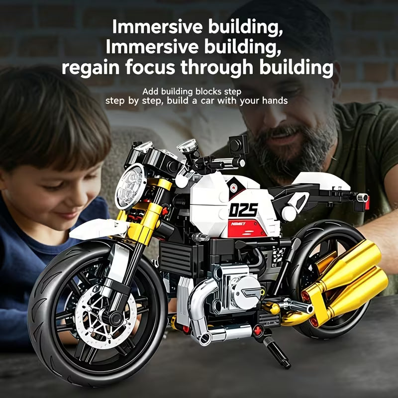 White Vintage Motorcycle Building Blocks, Birthday Gift for Boys, Motorcycle Assembly Model, Gift for Motorcycle Enthusiast Collectors, Children's Toy