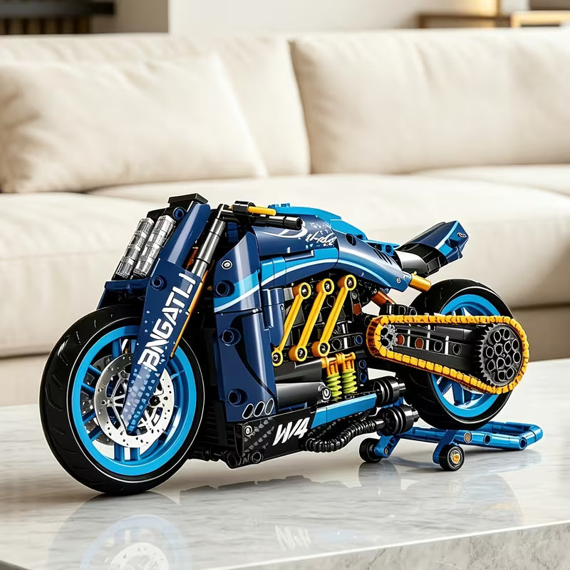 Mechanical-Style Blue Motorcycle Building Blocks, Collectible Assembly Model, Exquisite Gift