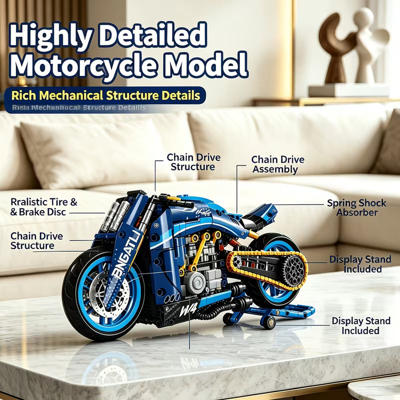 Mechanical-Style Blue Motorcycle Building Blocks, Collectible Assembly Model, Exquisite Gift