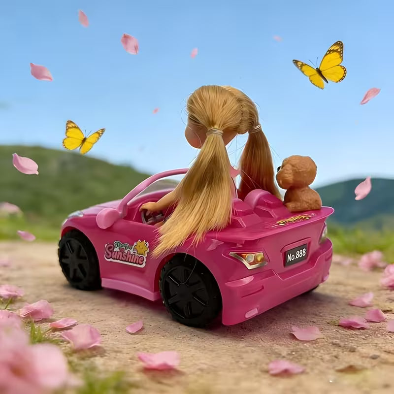 Kids Toy Car for Girls, Pink Convertible Sports Car with Pet Dog, Doll Pretend Play Set