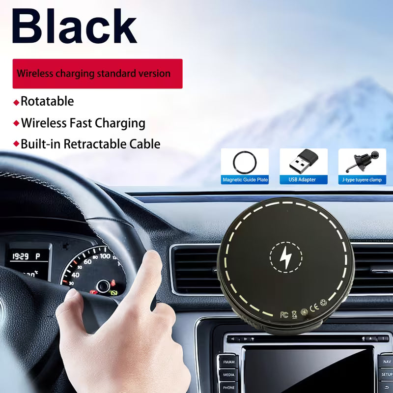 Magnetic Wireless Car Charger & Phone Mount with 27.56" Retractable Cable, 360° Rotatable
