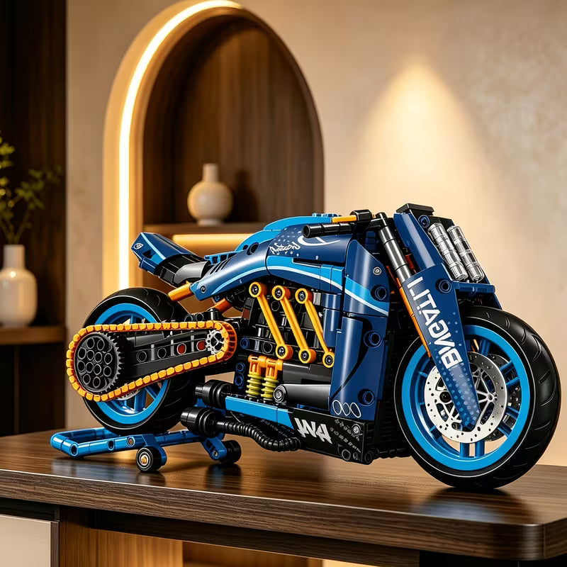 Mechanical-Style Blue Motorcycle Building Blocks, Collectible Assembly Model, Exquisite Gift