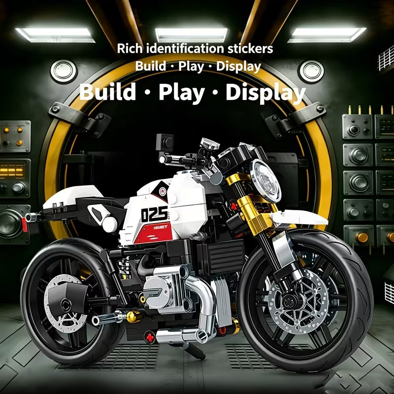 White Vintage Motorcycle Building Blocks, Birthday Gift for Boys, Motorcycle Assembly Model, Gift for Motorcycle Enthusiast Collectors, Children's Toy