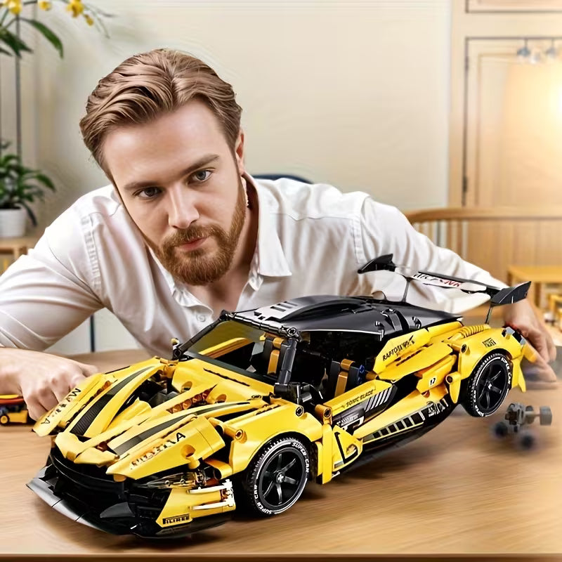 New 2026 ABS Plastic Building Blocks, Yellow Sports Car Interlocking Blocks, Desktop Bookshelf Ornament, Hands-On Assembly Toy, Holiday Gift