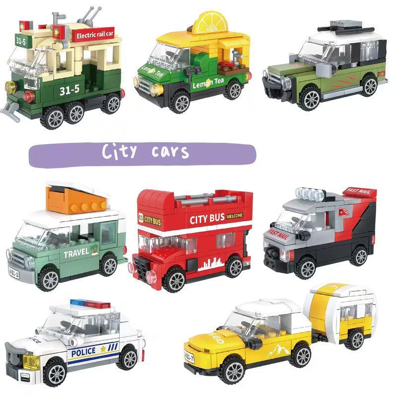 8pcs City Transportation Building Blocks Set, Including Sliding Cars And City-Themed Vehicles, Create Your Own Cool And Unique Toy Cars,