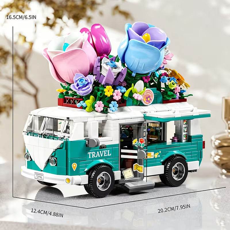 800+PCS Flower Tour Bus Building Blocks, DIY Model Set with Accessories New Year Christmas Birthday Gift And Up