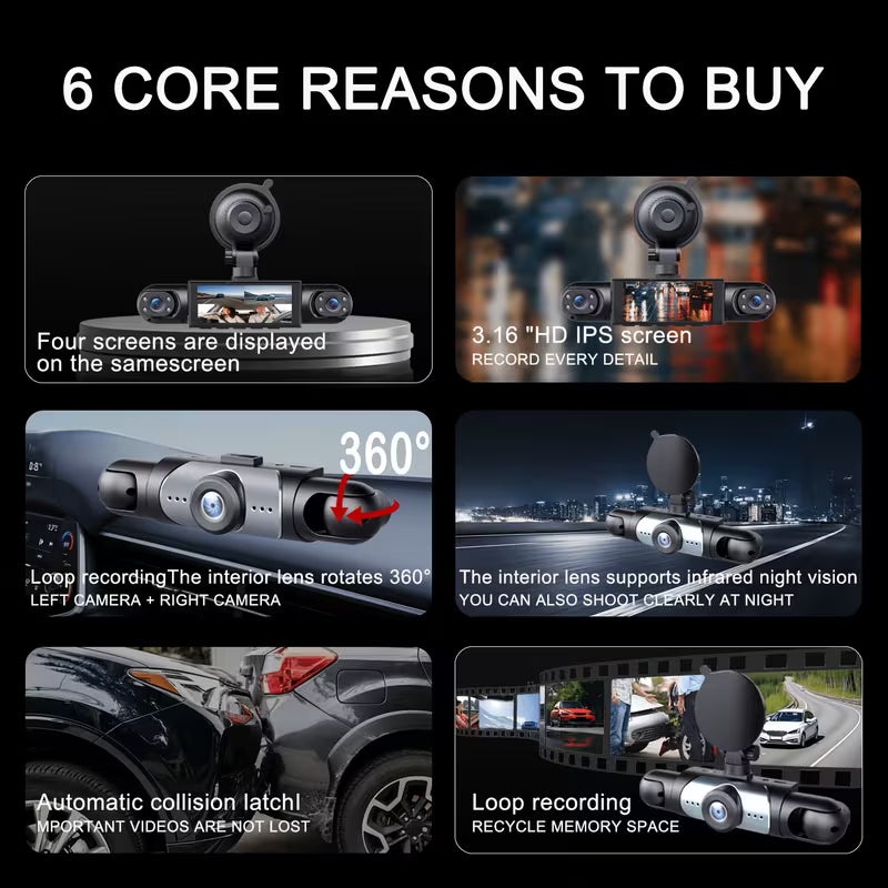 BCUOZ 360° Panoramic 4-Lens 1080P Full HD Dash Cam Set, 1080P Front +r/Left/R 720P Reaight All-Round Coverage,