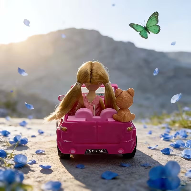 Kids Toy Car for Girls, Pink Convertible Sports Car with Pet Dog, Doll Pretend Play Set