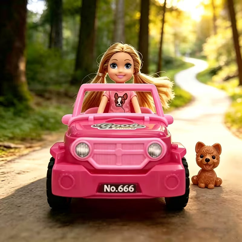 Kids Toy Car for Girls, Pink Convertible Sports Car with Pet Dog, Doll Pretend Play Set