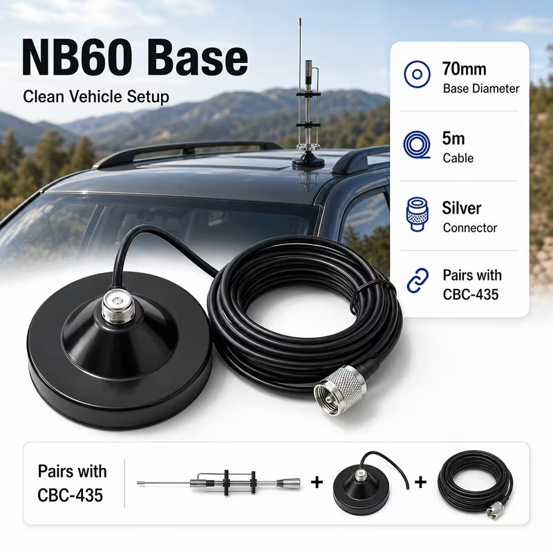VHF UHF Car Radio Antenna Kit, CBC-435 15.7 Inch Mobile Antenna with NB60 Base, 5M Cable
