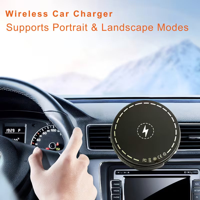 Magnetic Wireless Car Charger & Phone Mount with 27.56" Retractable Cable, 360° Rotatable