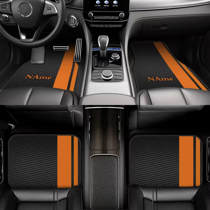 4pcs Customizable Name Car Mats with Orange Striped Personalized Design