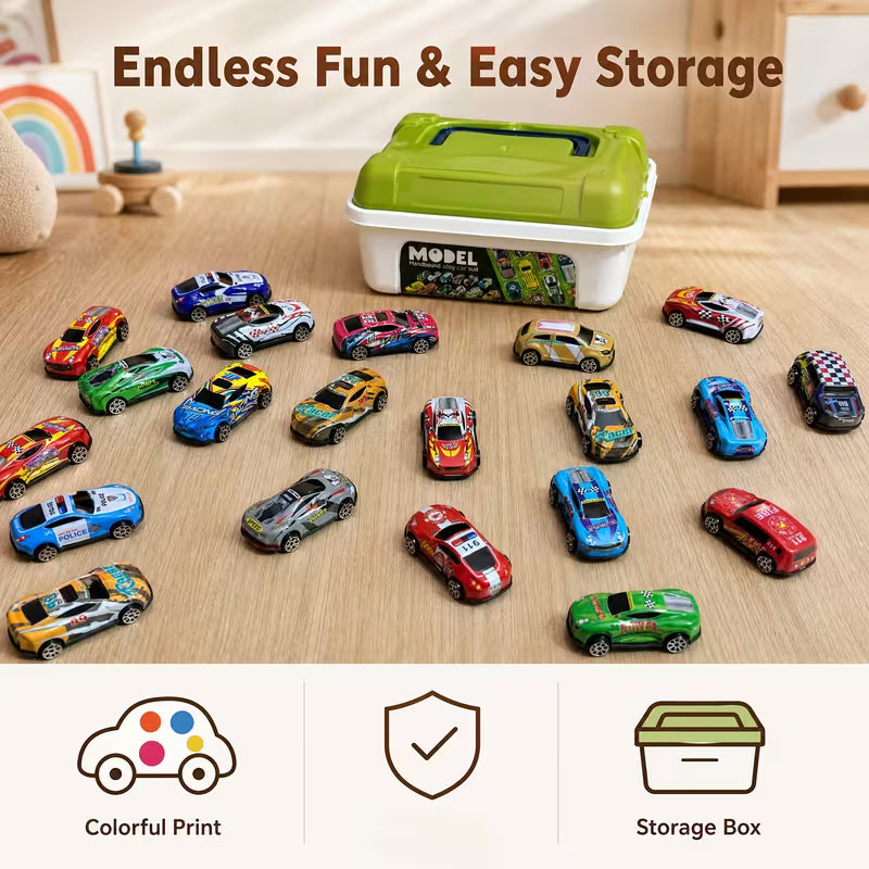 19Pcs Toy Car Party Favor Set, Multi-Item Car Toys with Storage Box