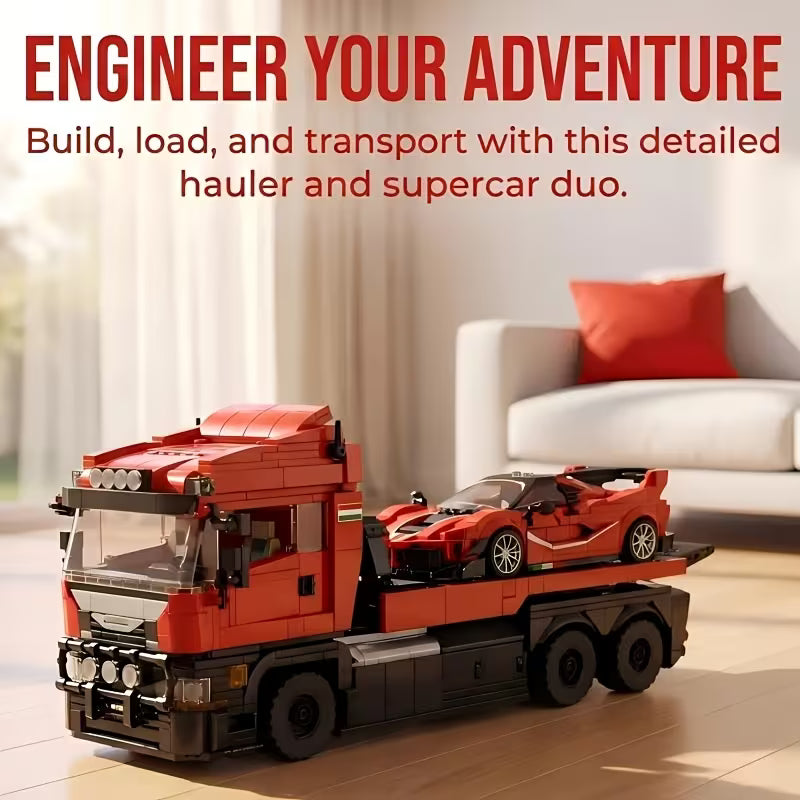 Red Supercar And Tow Truck Building Set, Creative Engineering Toy Model, Construction Block Kit for Collectors, 1728pcs