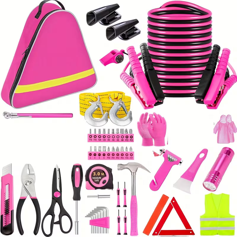 Pink Car Roadside Emergency Kit Assistance Emergency Kit with Jumper Cables Auto Tool Set Deer Whistles Winter Car Safety Roadside Assist Kit,