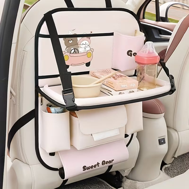 Multi-functional Seat Back Organizer and Storage Bag, Including a Foldable Table Tray, Kick Mat, Tissue Box, Trash Can, Umbrella Holder,