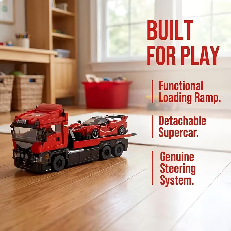 Red Supercar And Tow Truck Building Set, Creative Engineering Toy Model, Construction Block Kit for Collectors, 1728pcs