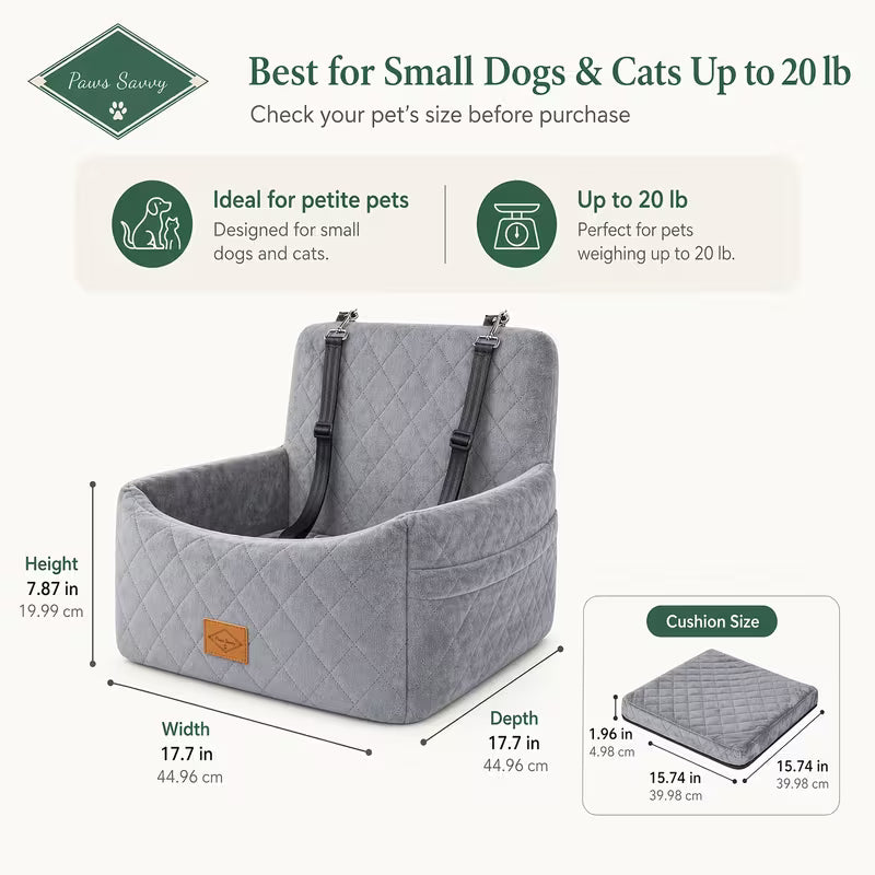 Paws Savvy Dog Car Booster Seat With Safety Strap, Cozy Travel Bed For Small & Medium Dogs