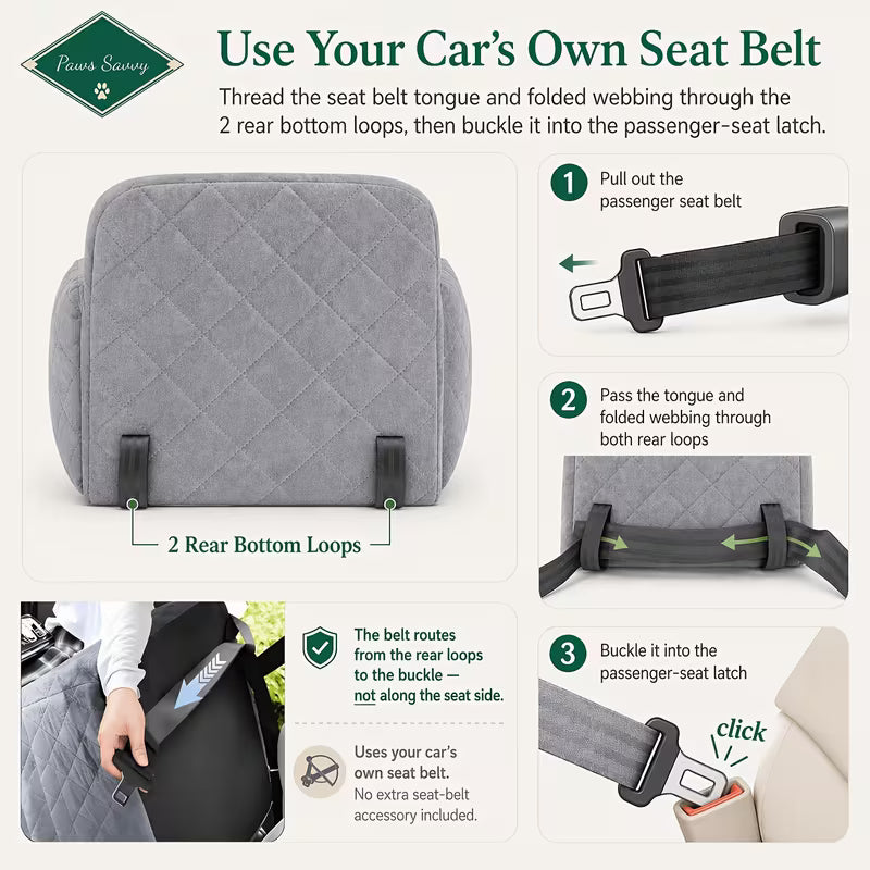 Paws Savvy Dog Car Booster Seat With Safety Strap, Cozy Travel Bed For Small & Medium Dogs