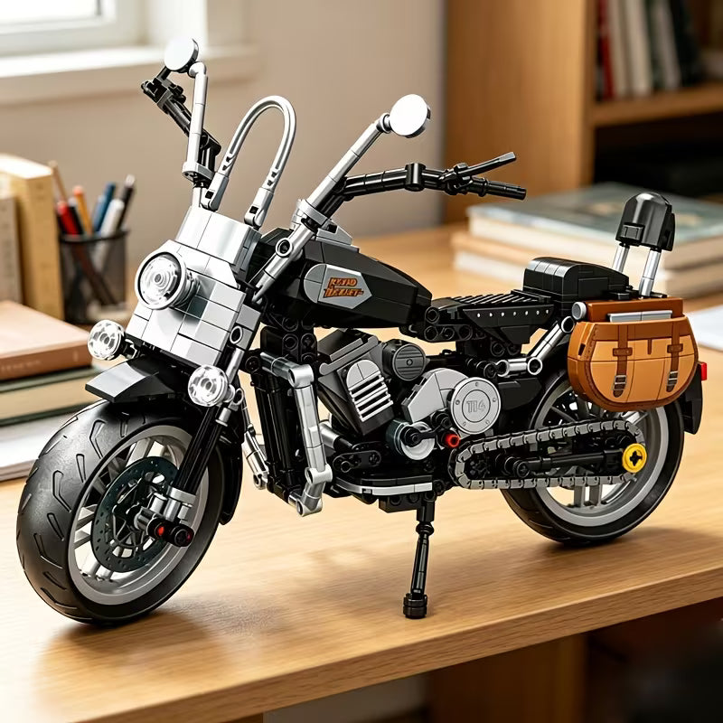 Retro Motorcycle Puzzle Blocks, Assembly Motorcycle Model Toy, Gray Black Color, Birthday Gift, with Display Base, Motorcycle Model