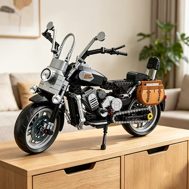 Retro Motorcycle Puzzle Blocks, Assembly Motorcycle Model Toy, Gray Black Color, Birthday Gift, with Display Base, Motorcycle Model