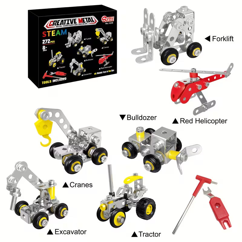 272pcs Metal Building Blocks, 6-in-1 Assembly DIY Engineering Educational STEAM Learning Toy for Ages 8+