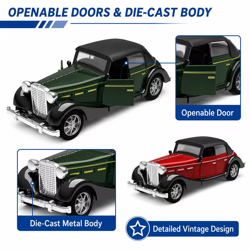 MQUDUO 2-Pack 1:36 Die-Cast Toy Cars, Red & Green Pull-Back Classic Car Models