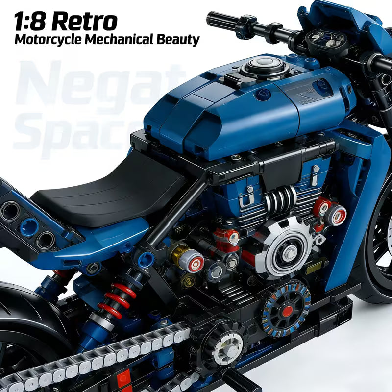 1:8 Blue Retro Technic Motorcycle Building Blocks