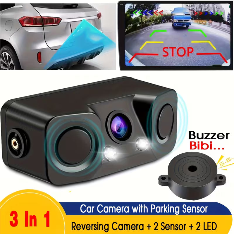 3-in-1 Backup Camera with Buzzer Alarm | Reverse Parking Camera with 2 LED Night Vision Lights | Easy-Install Vehicle Camera for Cars