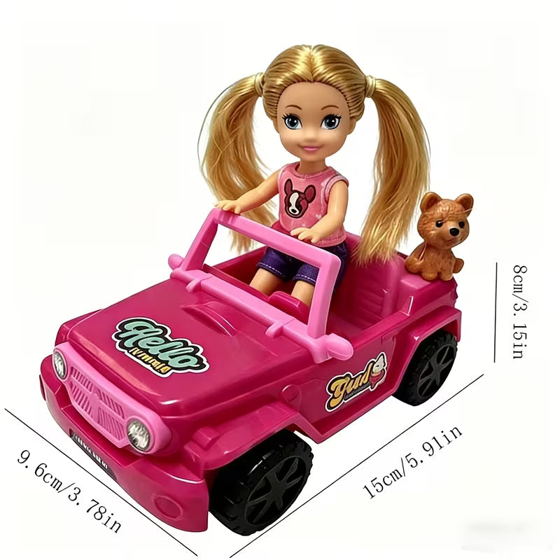 Kids Toy Car for Girls, Pink Convertible Sports Car with Pet Dog, Doll Pretend Play Set