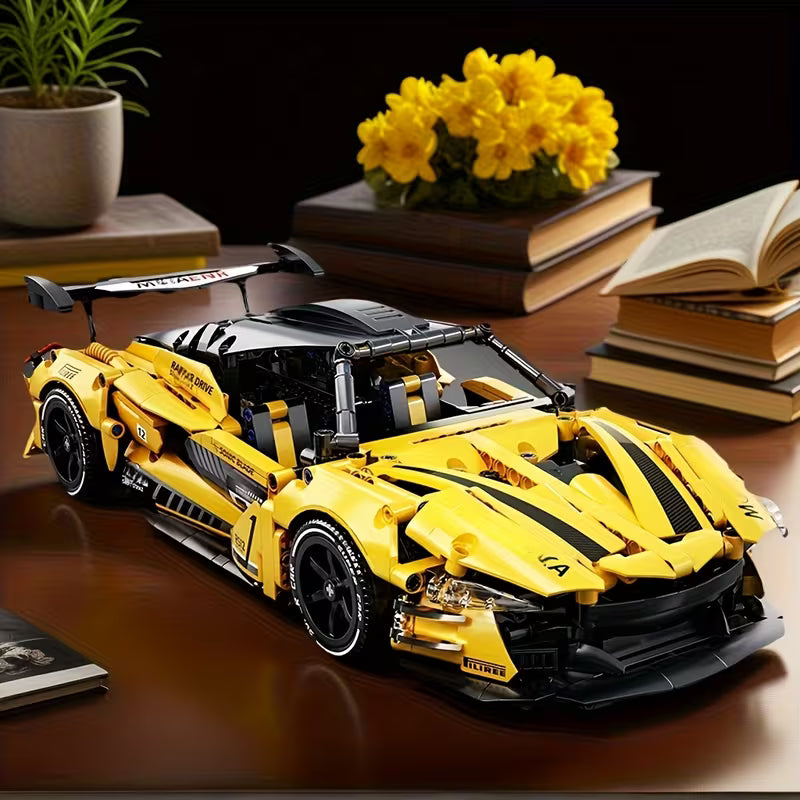 New 2026 ABS Plastic Building Blocks, Yellow Sports Car Interlocking Blocks, Desktop Bookshelf Ornament, Hands-On Assembly Toy, Holiday Gift