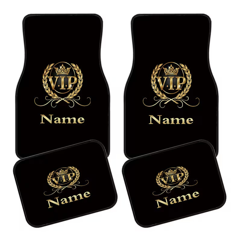 4pcs Customizable Name & Number Car Floor Mats, Golden Crown & VIP Personalized Design