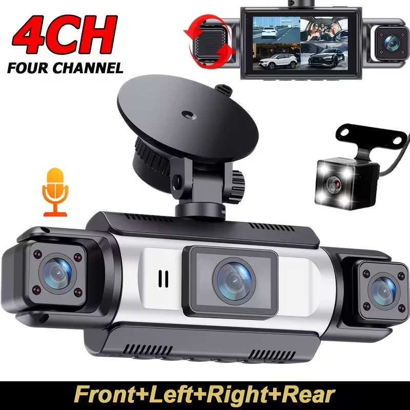 Car Dash Cam, Genuine 4-Channel, 1080P Full HD Front & 720P Rear & Sides, 4-Inch IPS Display, Rotating Lens