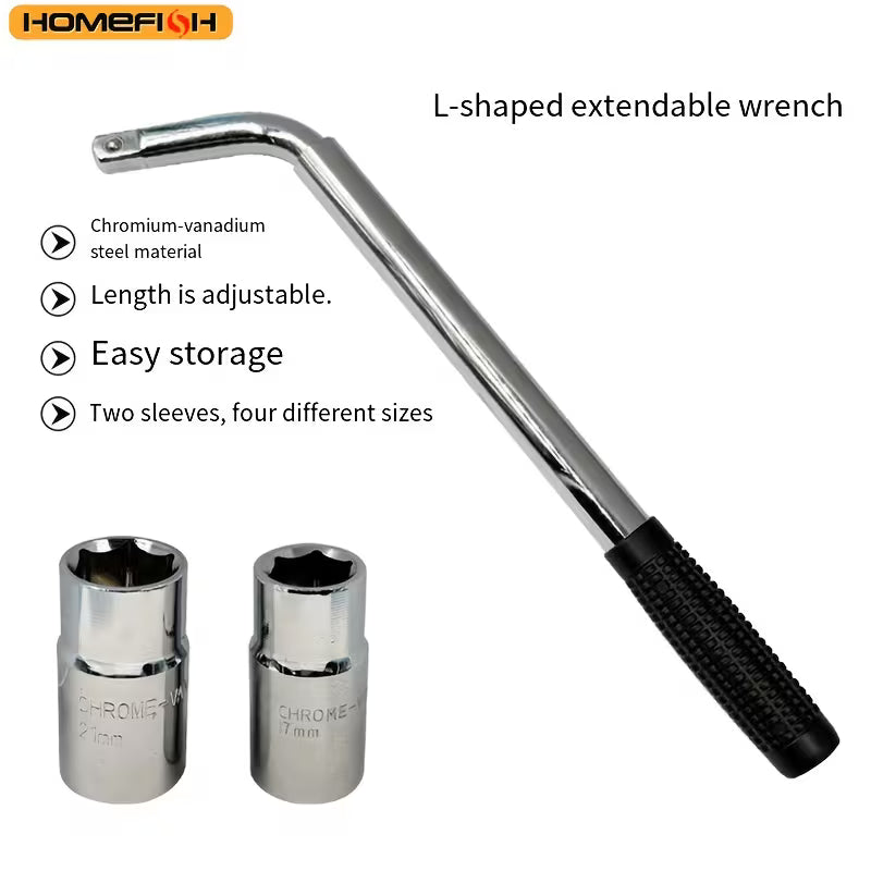 HOMEFISH 3pcs 1/2inch Car Tire Wrench, Chrome Vanadium Steel, Extended Tire Change Tool Set L-shaped Retractable Sleeve,