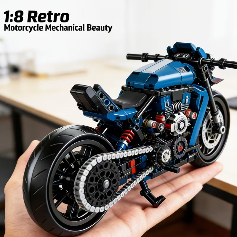 1:8 Blue Retro Technic Motorcycle Building Blocks