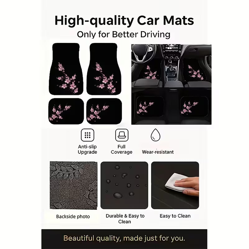 4PCS Cherry Blossom Car Floor Mats, Universal Fit Floral Auto Mats