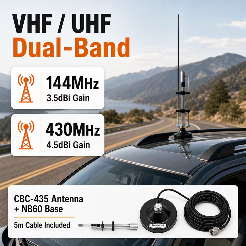VHF UHF Car Radio Antenna Kit, CBC-435 15.7 Inch Mobile Antenna with NB60 Base, 5M Cable