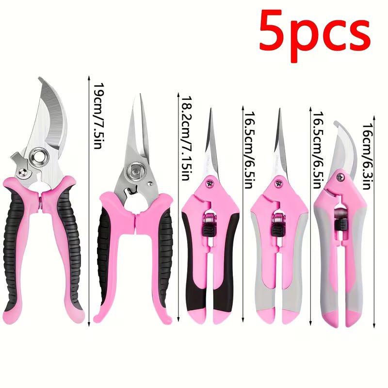 5pcs Pink Professional Pruning Scissors, Flower Cutting Gardening Shears, Stainless Steel Blades